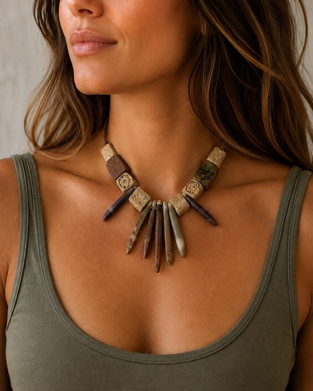 Artisan Handmade Cermaic Stone Bead Statement Necklace Boho Rustic Earthy